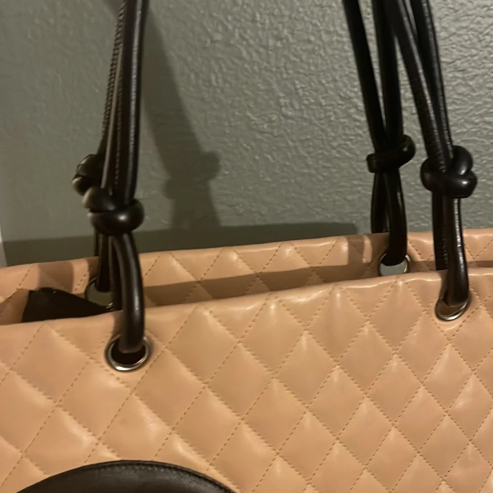 CHANEL Beige Quilted Tote with Black Accents
